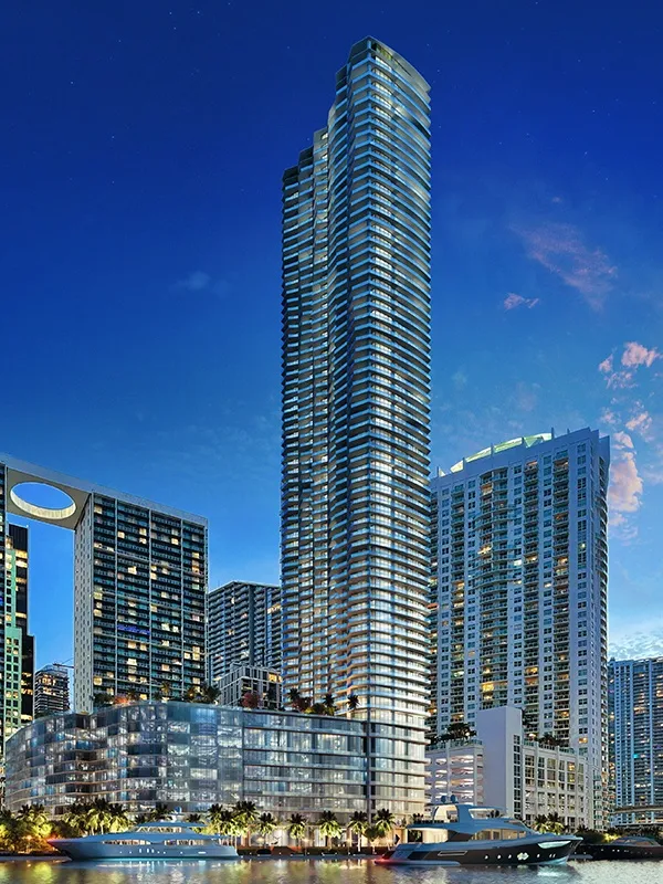 Baccarat Residences Brickell exterior rendering, luxury riverfront tower